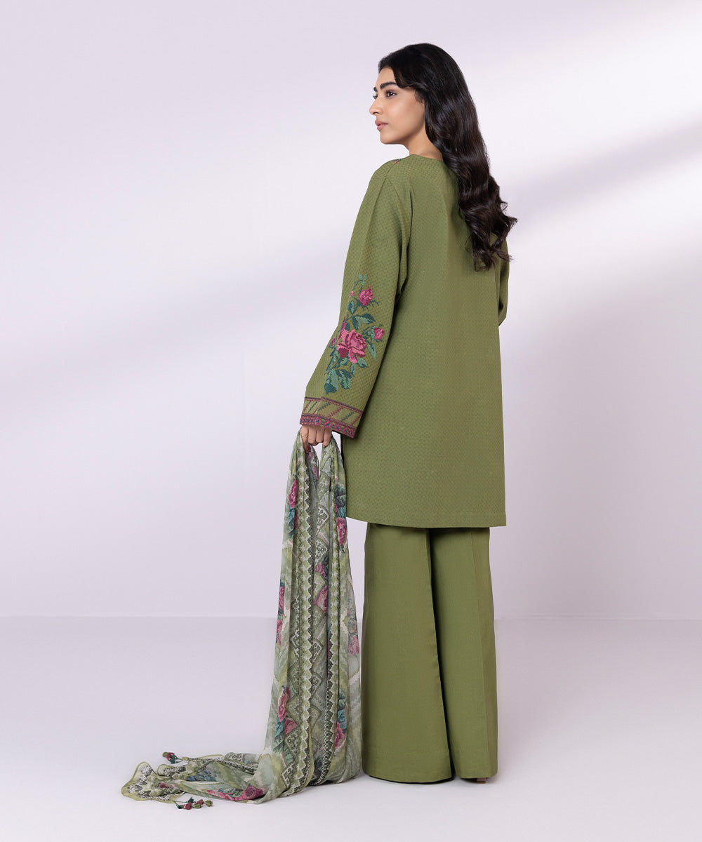 Women's Unstitched Dobby Embroidered Dark Olive Green 3 Piece Suit