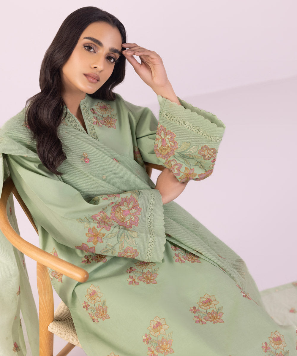 Women's Unstitched Lawn Embroidered Mint Green 3 Piece Suit