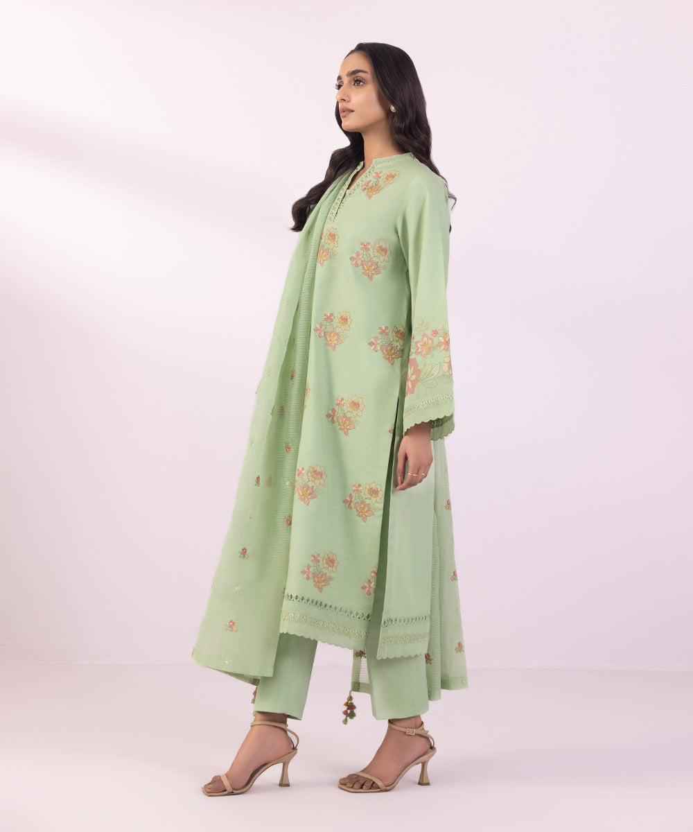 Women's Unstitched Lawn Embroidered Mint Green 3 Piece Suit