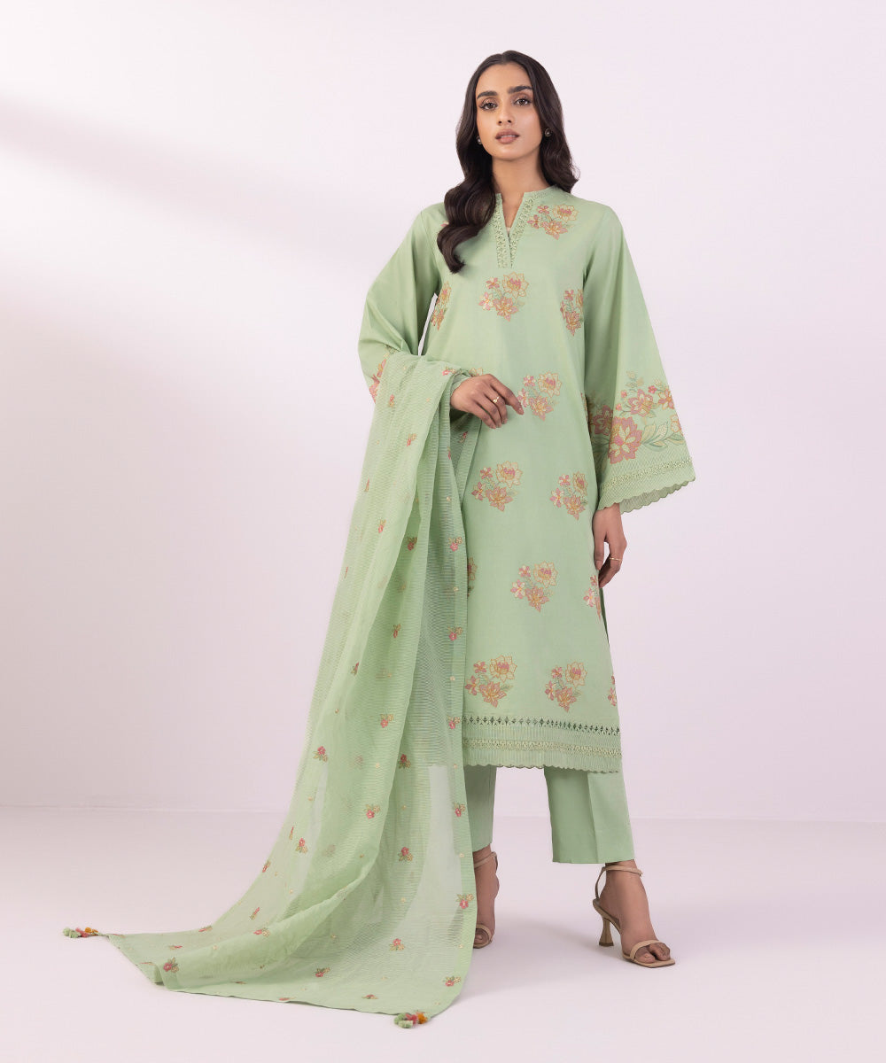 Women's Unstitched Lawn Embroidered Mint Green 3 Piece Suit