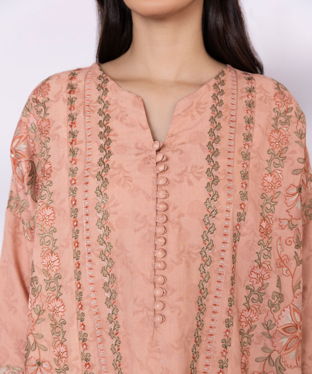 Women's Unstitched Cotton Jacquard Embroidered Peach 3 Piece Suit