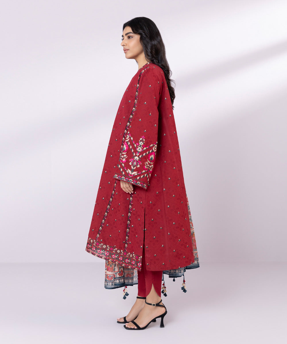 Women's Unstitched Cotton Jacquard Embroidered Red 3 Piece Suit