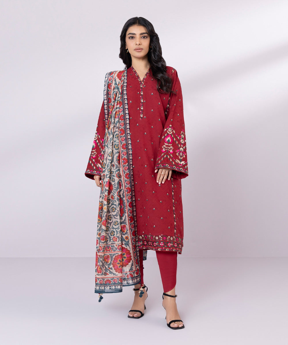 Women's Unstitched Cotton Jacquard Embroidered Red 3 Piece Suit