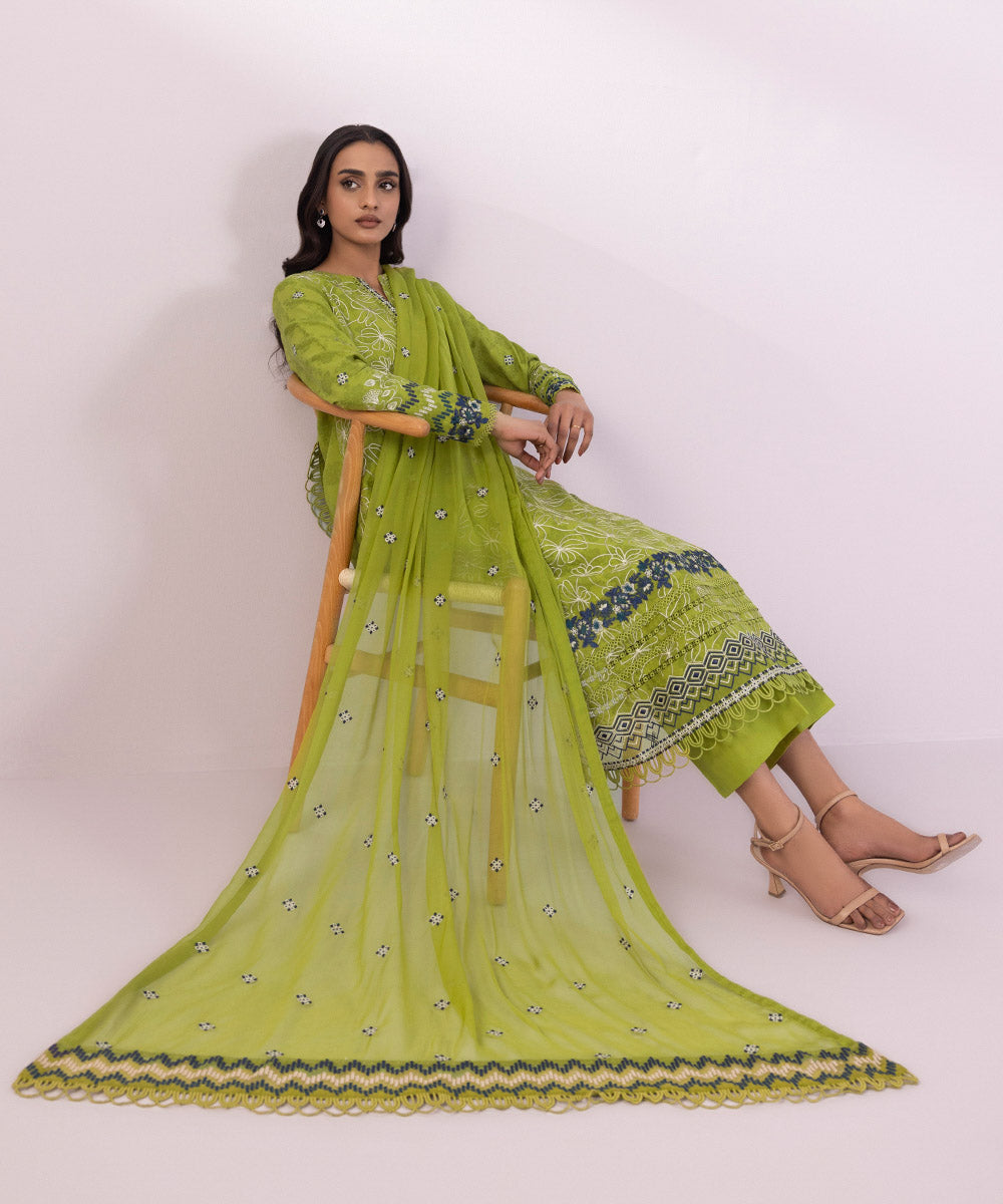 Women's Unstitched Cotton Jacquard Embroidered Parrot Green 3 Piece Suit