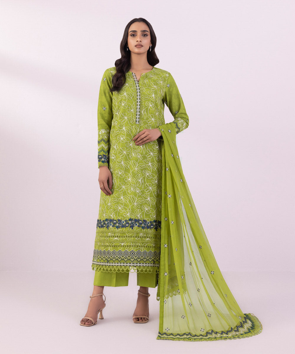 Women's Unstitched Cotton Jacquard Embroidered Parrot Green 3 Piece Suit