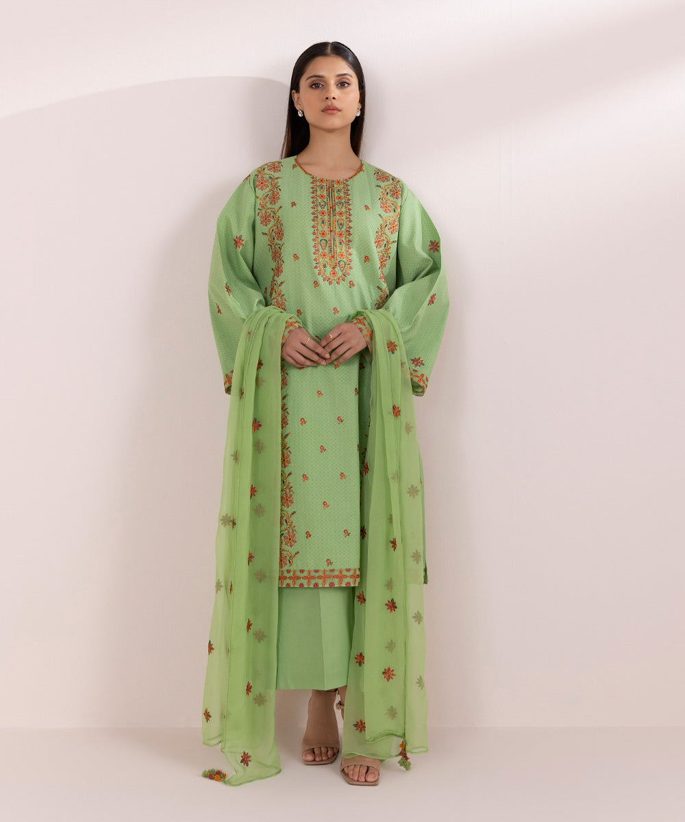 Women's Unstitched Dobby Green Embroidered 3 Piece Suit