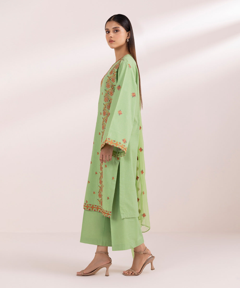 Women's Unstitched Dobby Green Embroidered 3 Piece Suit