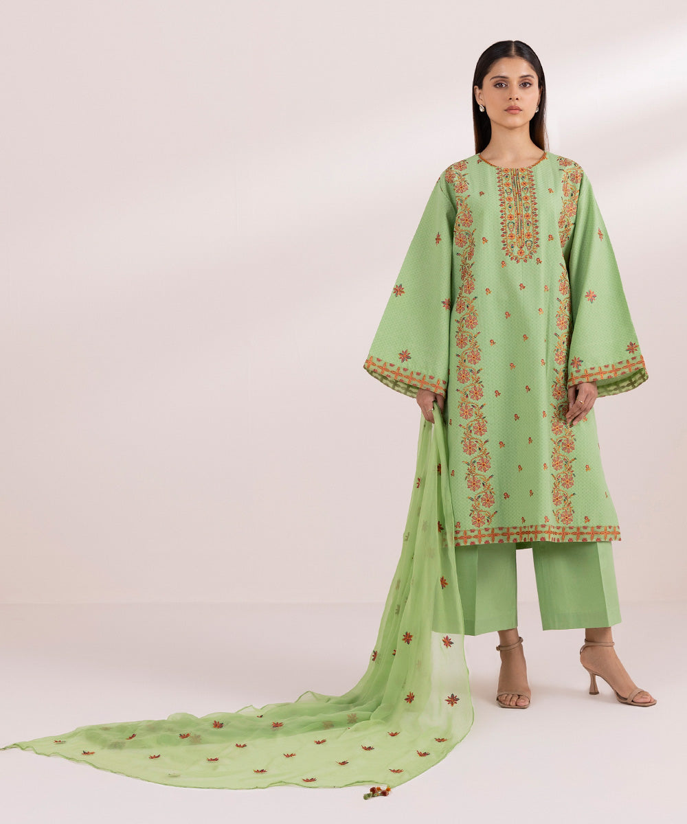 Women's Unstitched Dobby Green Embroidered 3 Piece Suit