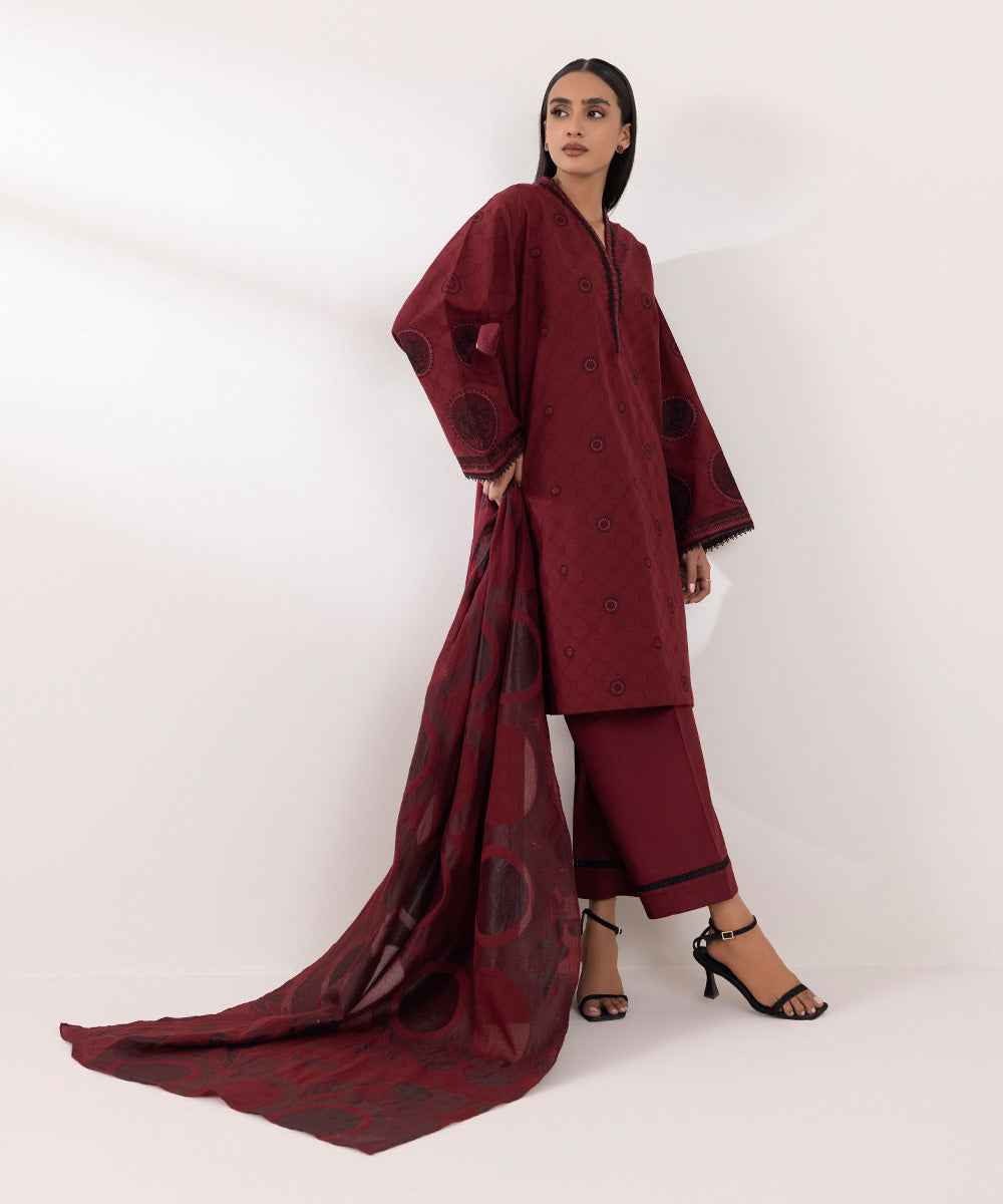 Women's Unstitched Embroidered Cotton Jacquard Red 3 Piece Suit