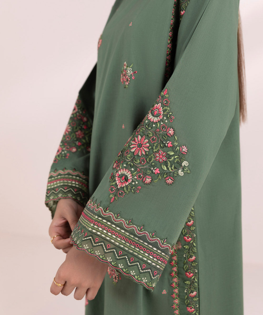 Women's Unstitched Lawn Green Embroidered 3 Piece Suit