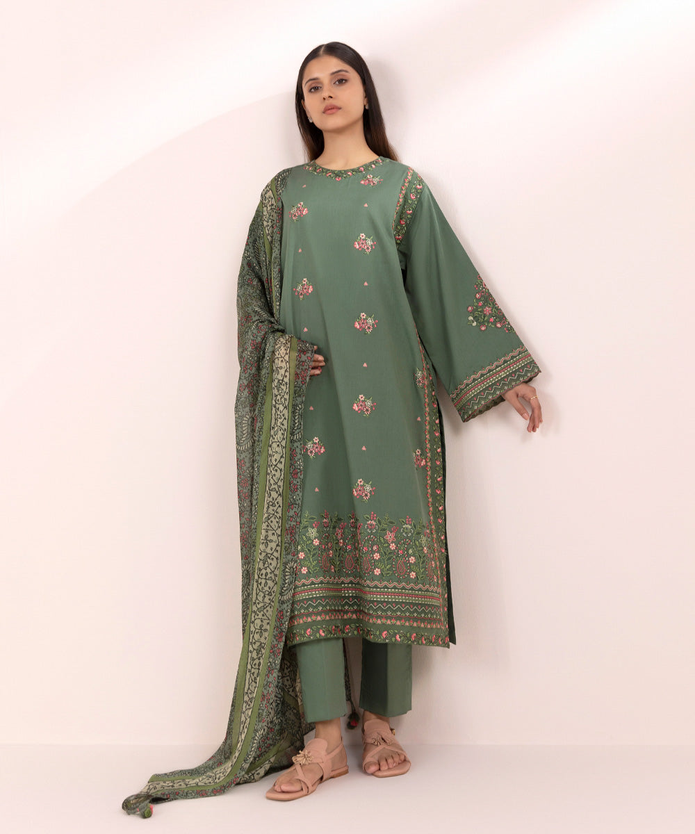 Women's Unstitched Lawn Green Embroidered 3 Piece Suit