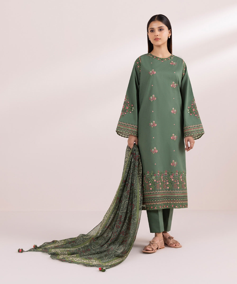 Women's Unstitched Lawn Green Embroidered 3 Piece Suit