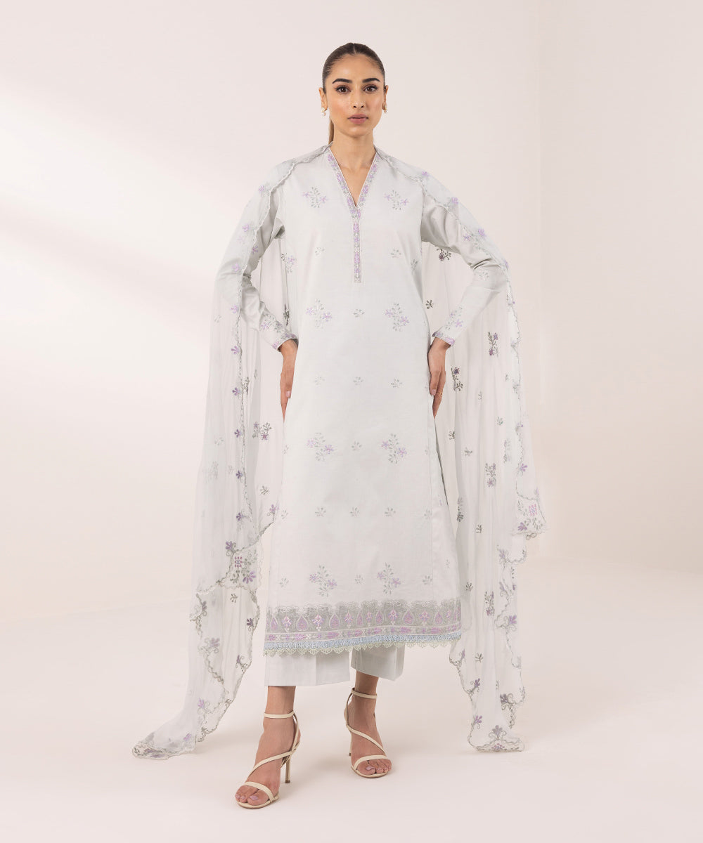 Women's Unstitched Cambric Embroidered Off White 3 Piece Suit