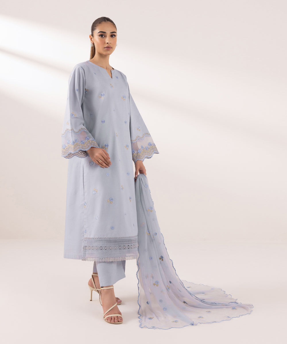 Women's Unstitched Cambric Embroidered Blue 3 Piece Suit