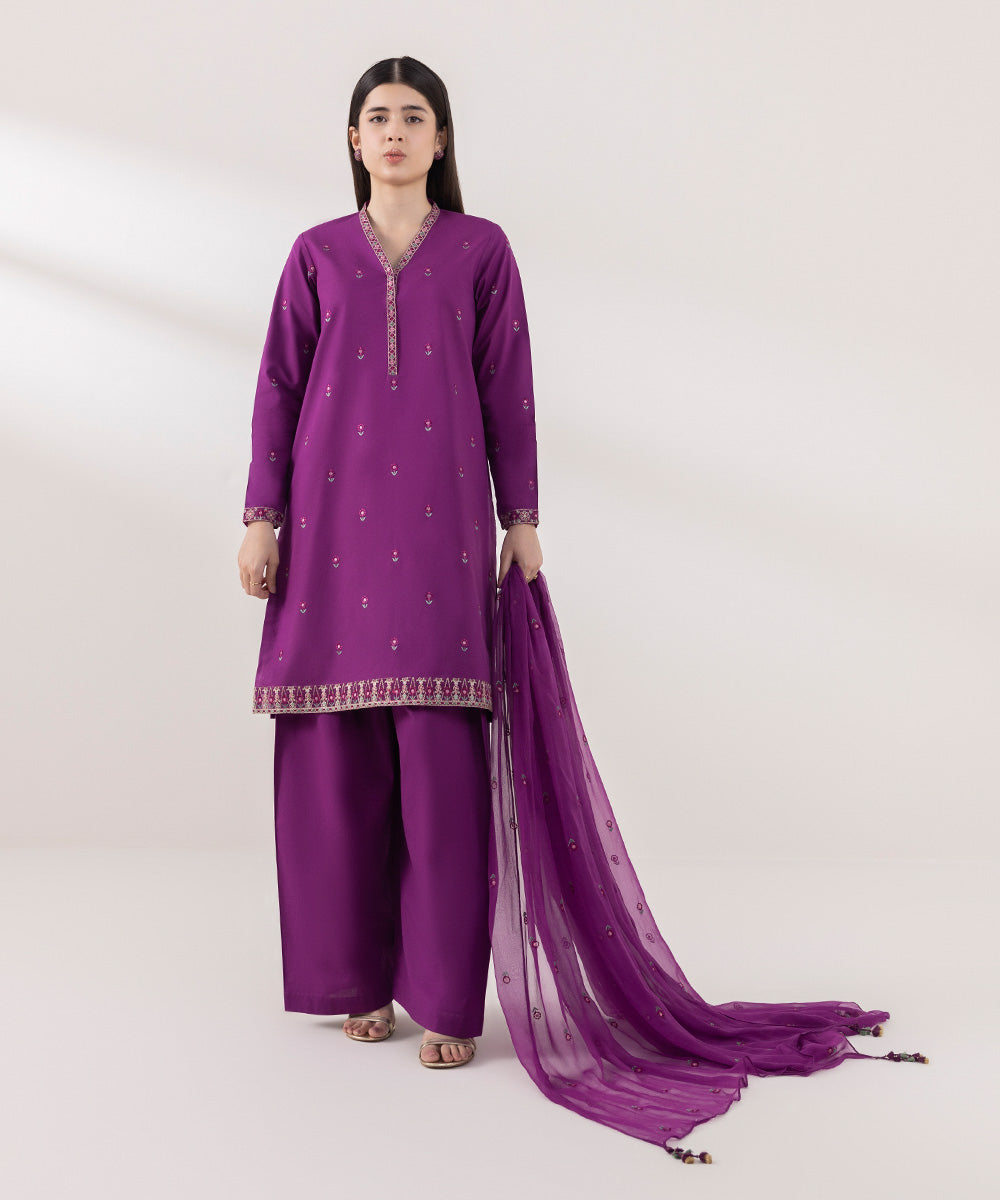 Women's Unstitched Cambric Embroidered Purple 3 Piece Suit