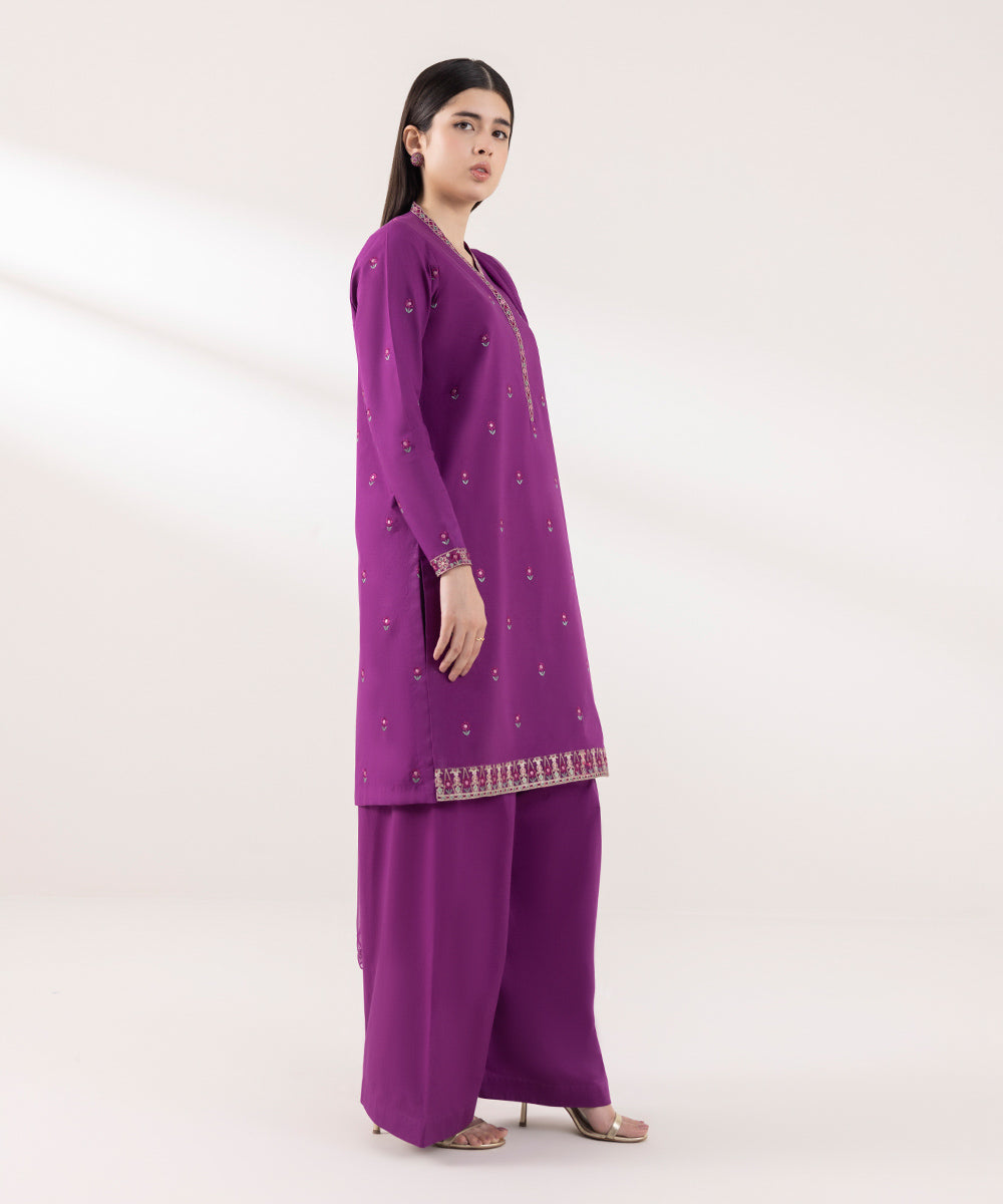 Women's Unstitched Cambric Embroidered Purple 3 Piece Suit