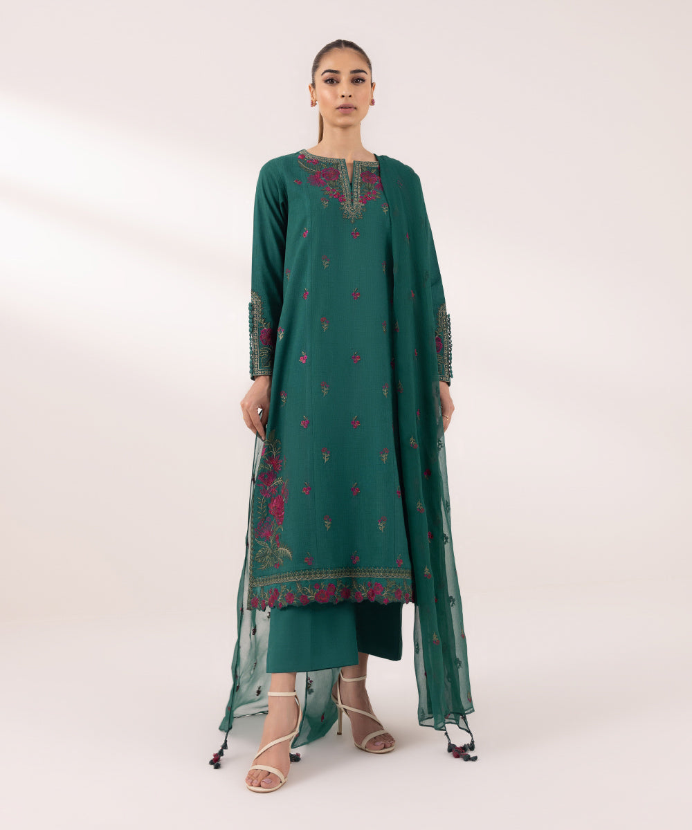 Women's Unstitched Dobby Embroidered Green 3 Piece Suit