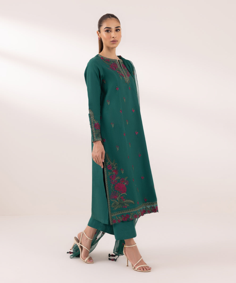 Women's Unstitched Dobby Embroidered Green 3 Piece Suit