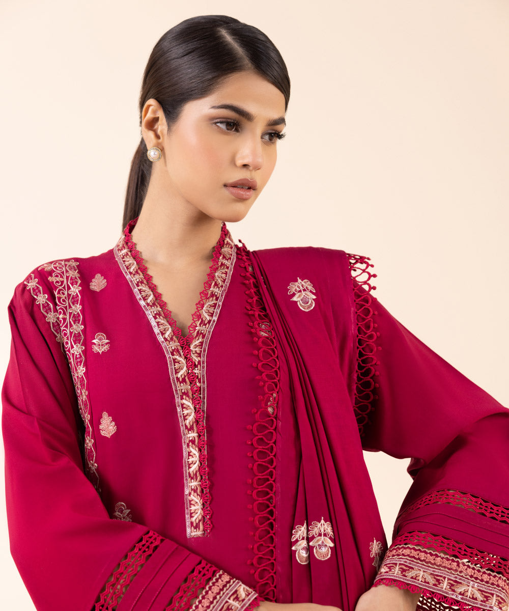 Women's Unstitched Linen Red Embroidered 3 Piece Suit