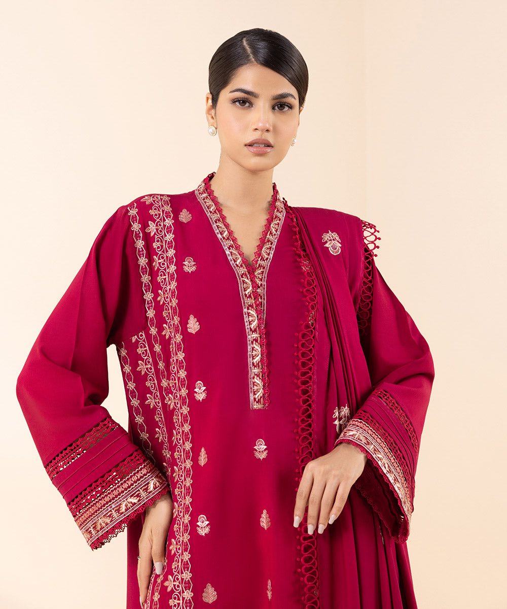 Women's Unstitched Linen Red Embroidered 3 Piece Suit