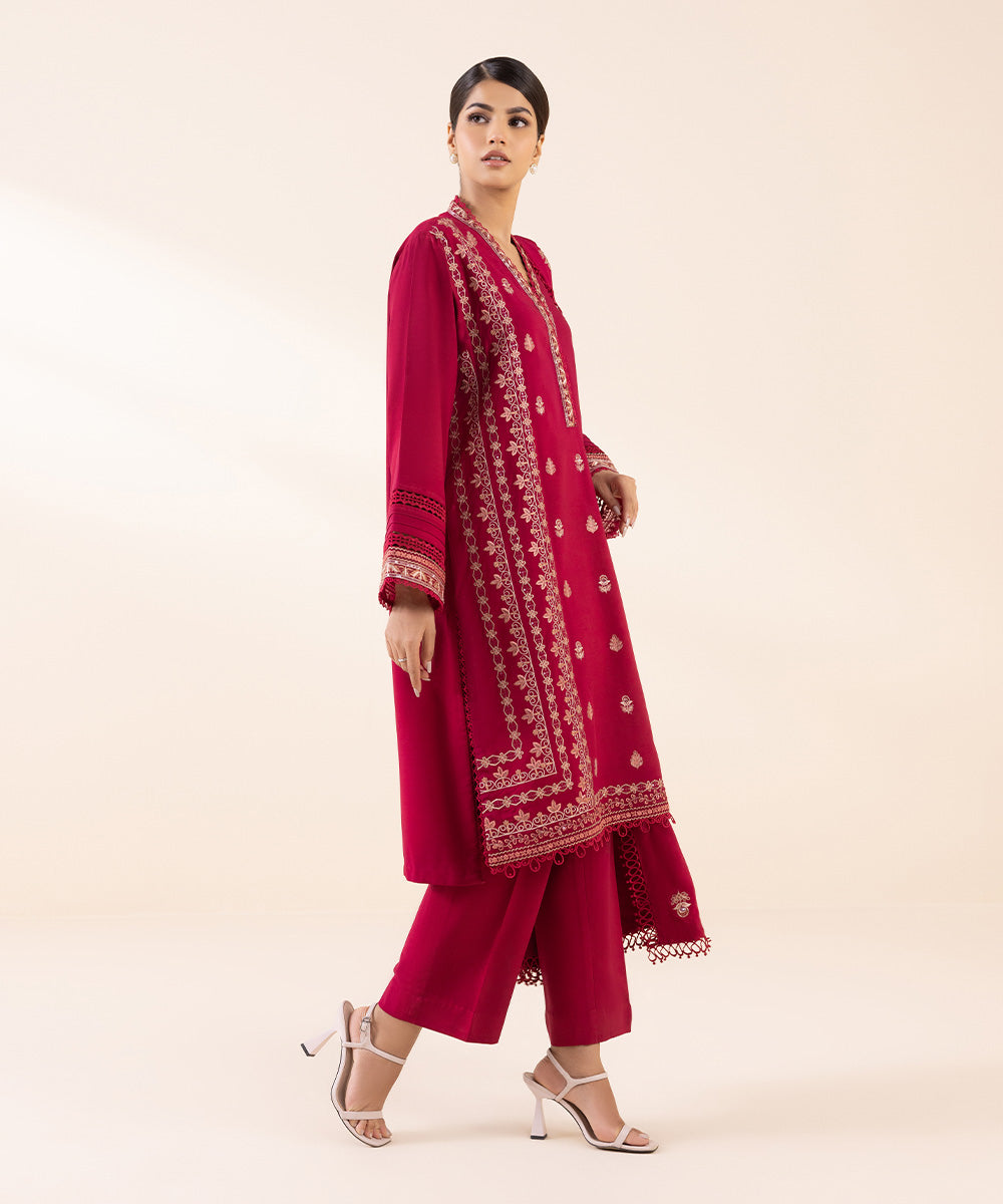 Women's Unstitched Linen Red Embroidered 3 Piece Suit