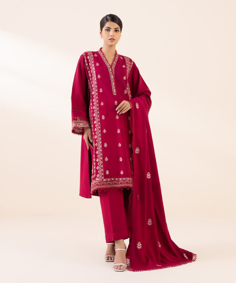 Women's Unstitched Linen Red Embroidered 3 Piece Suit