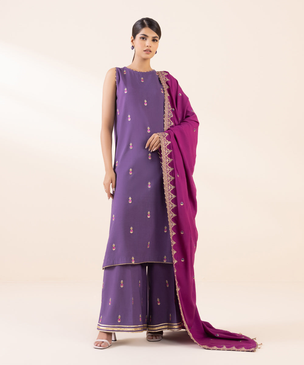 Women's Unstitched Linen Purple Embroidered 3 Piece Suit