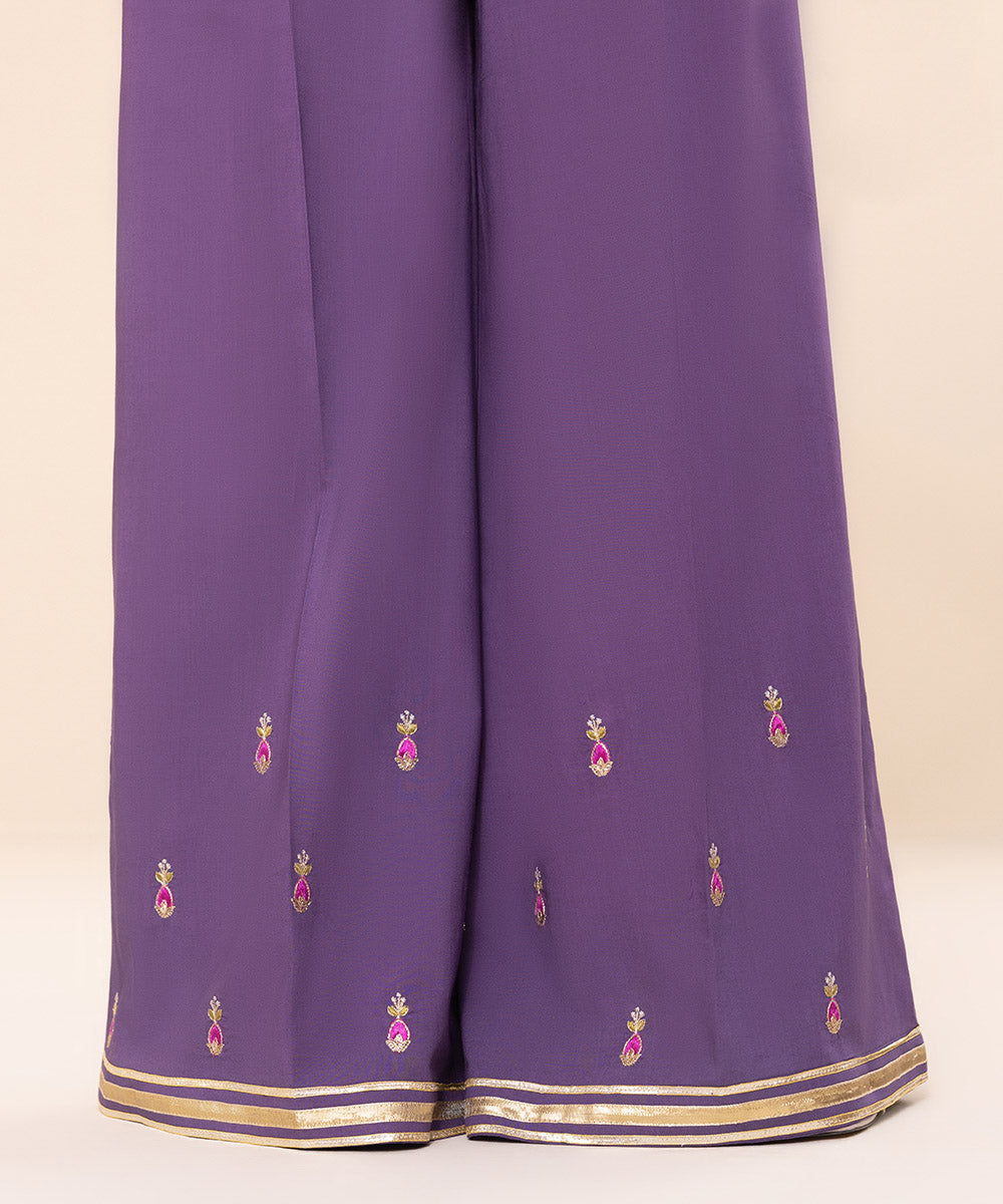 Women's Unstitched Linen Purple Embroidered 3 Piece Suit