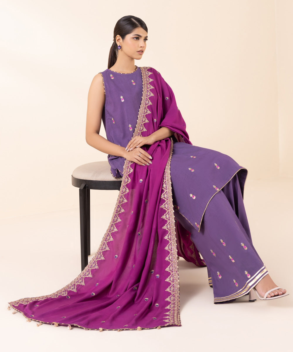 Women's Unstitched Linen Purple Embroidered 3 Piece Suit