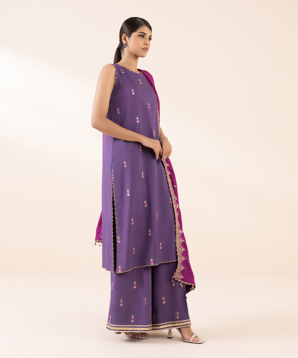 Women's Unstitched Linen Purple Embroidered 3 Piece Suit