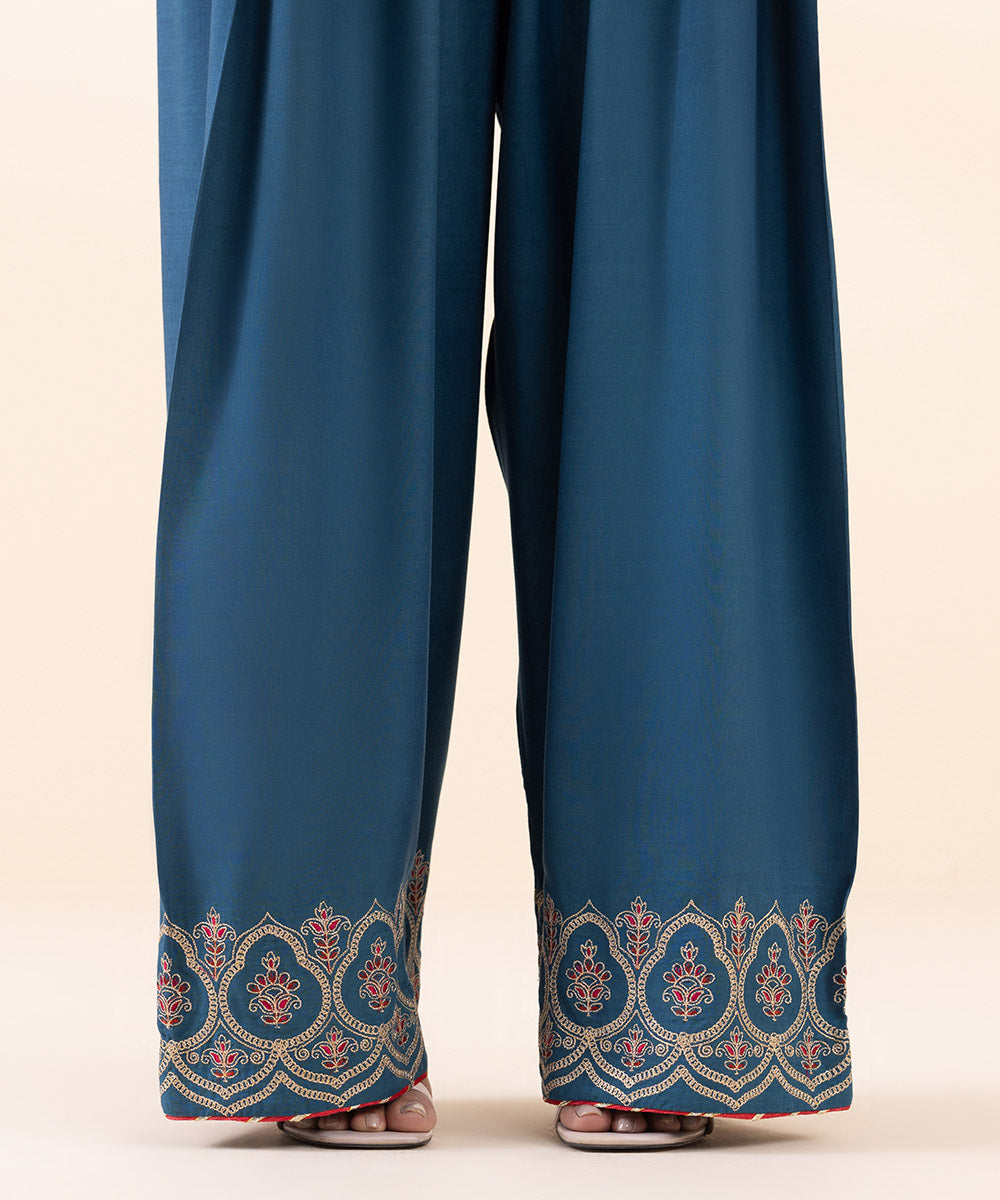 Women's Unstitched Linen Blue Embroidered 3 Piece Suit