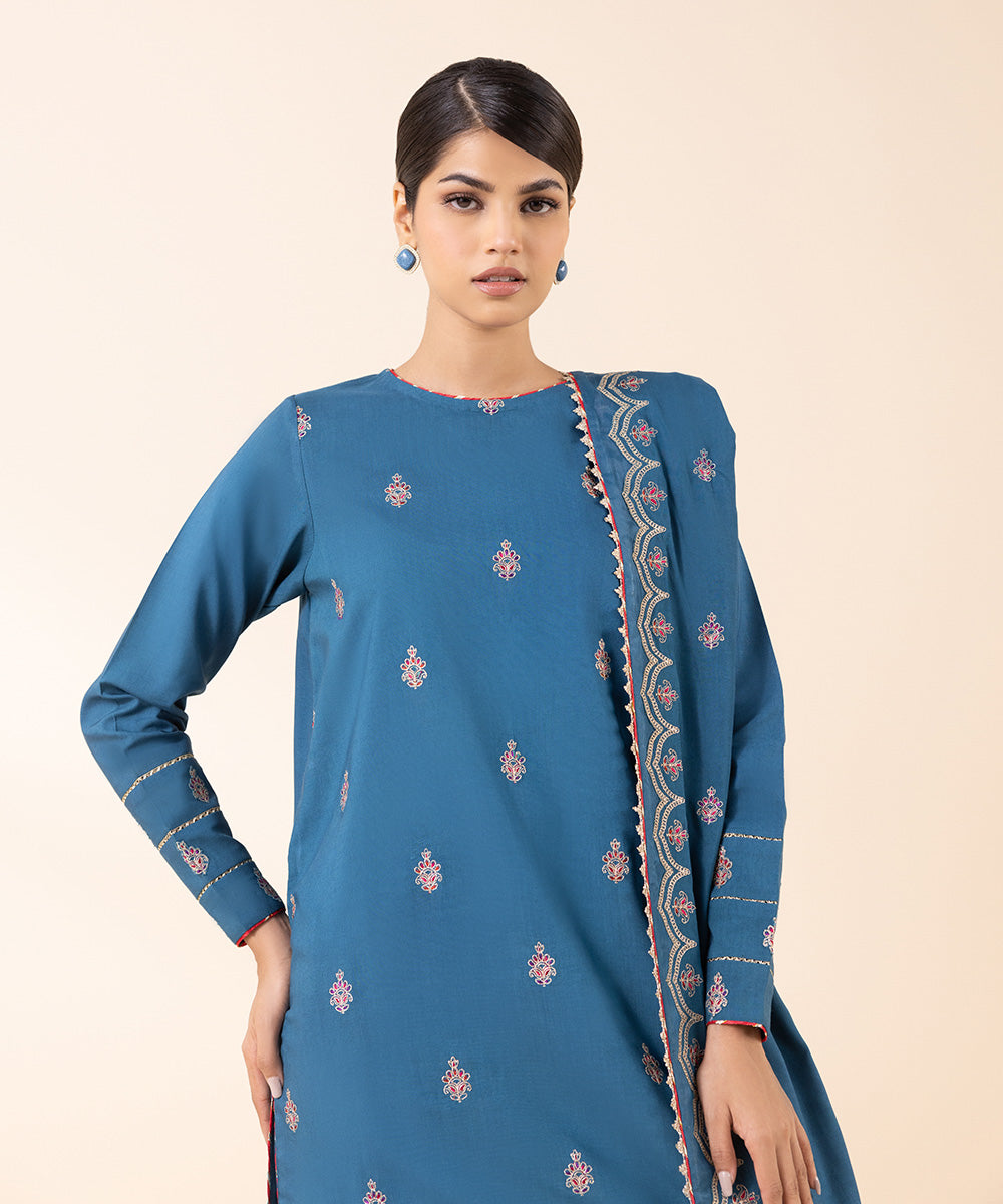 Women's Unstitched Linen Blue Embroidered 3 Piece Suit