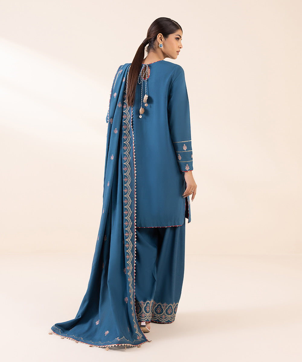 Women's Unstitched Linen Blue Embroidered 3 Piece Suit