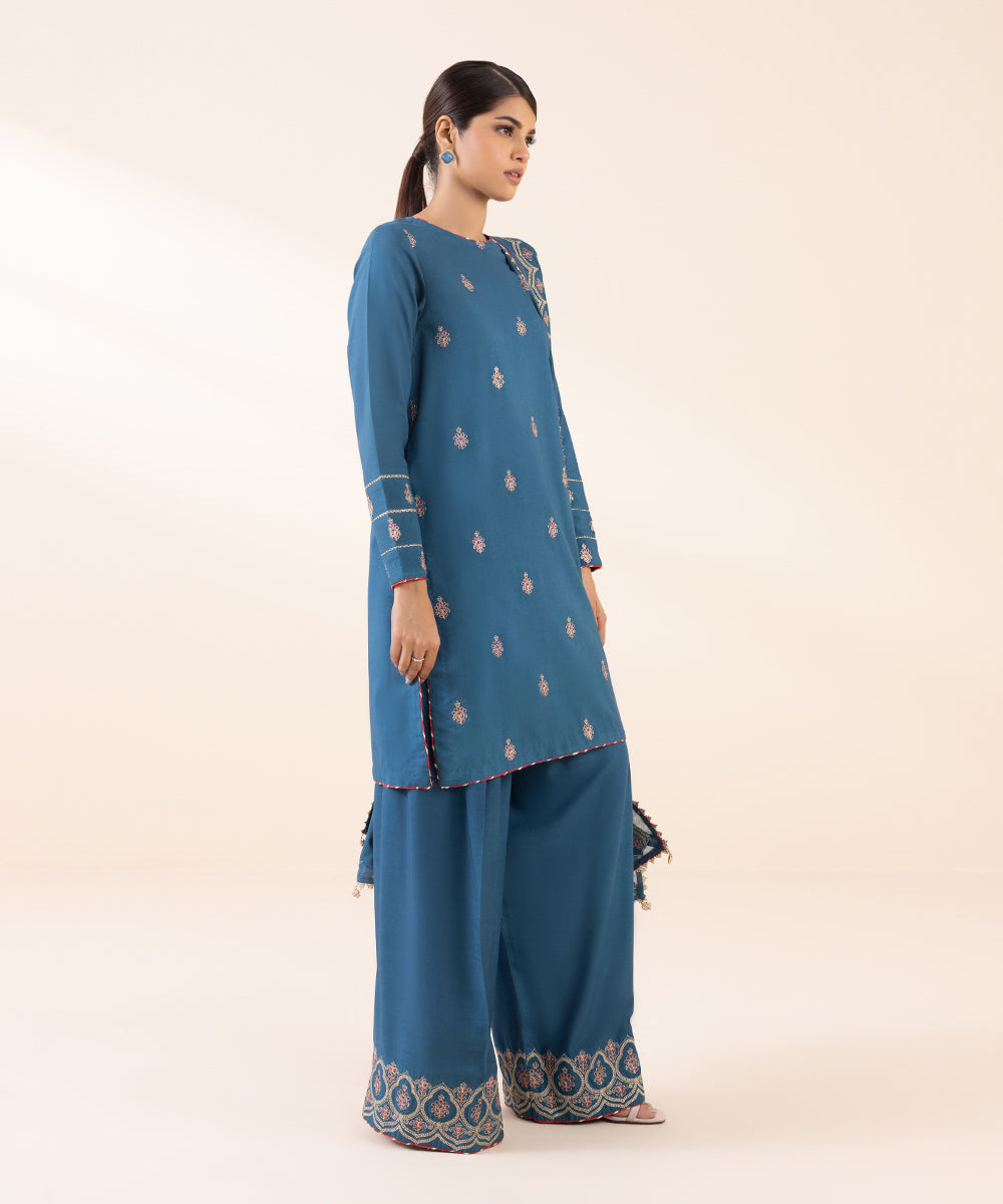 Women's Unstitched Linen Blue Embroidered 3 Piece Suit