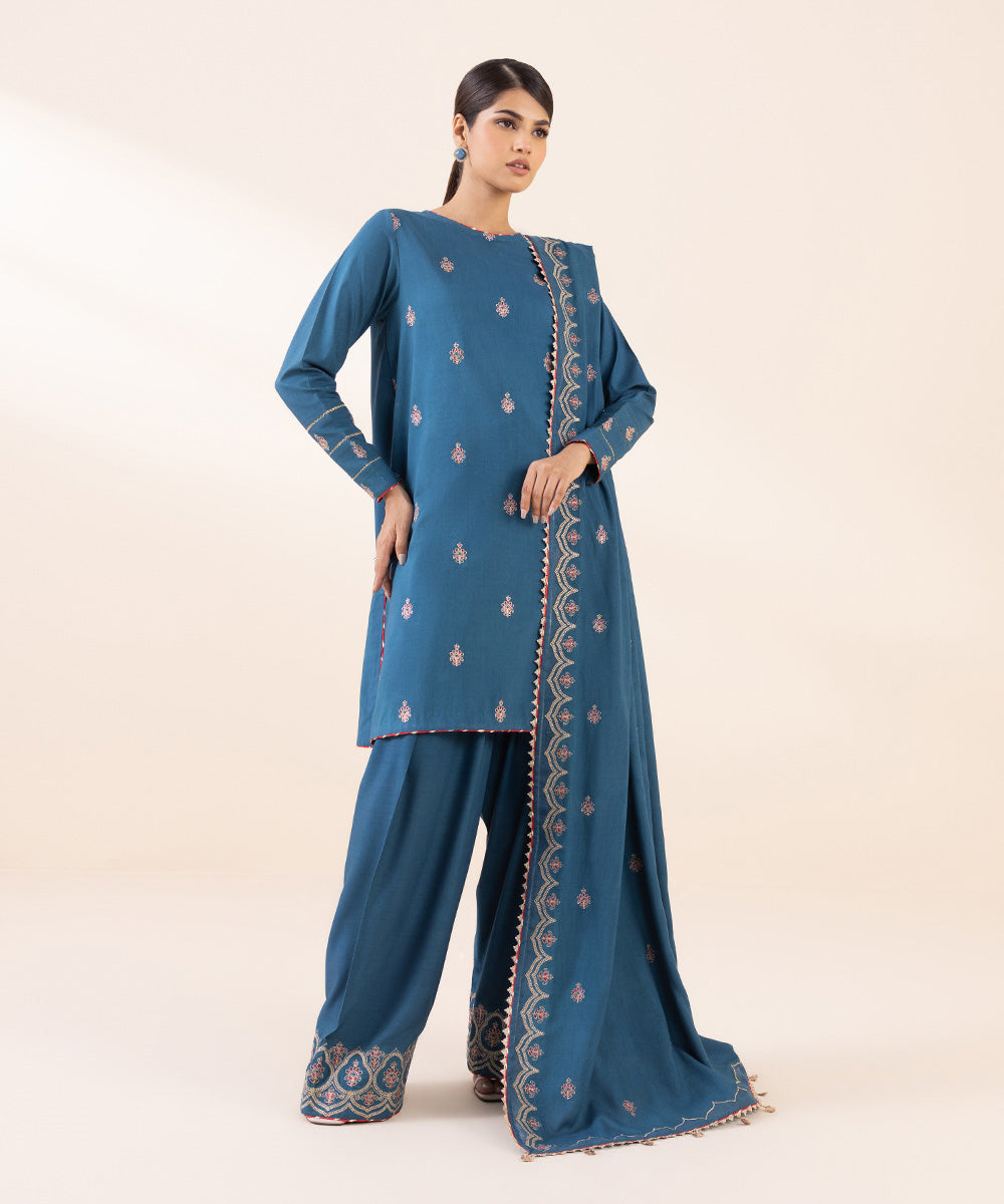 Women's Unstitched Linen Blue Embroidered 3 Piece Suit