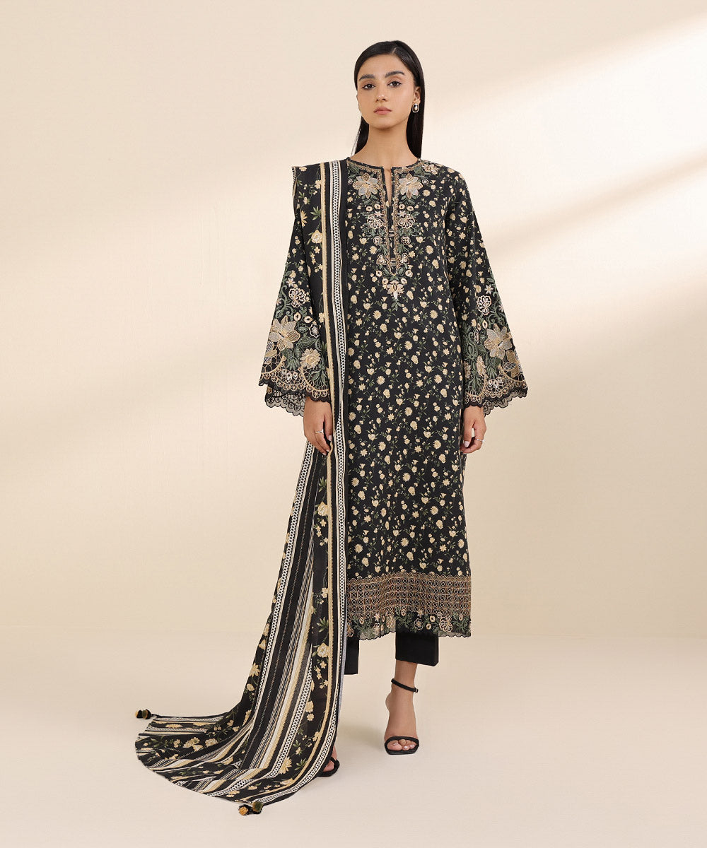 Women's Unstitched Cotton Karandi Black Embroidered 3 Piece Suit