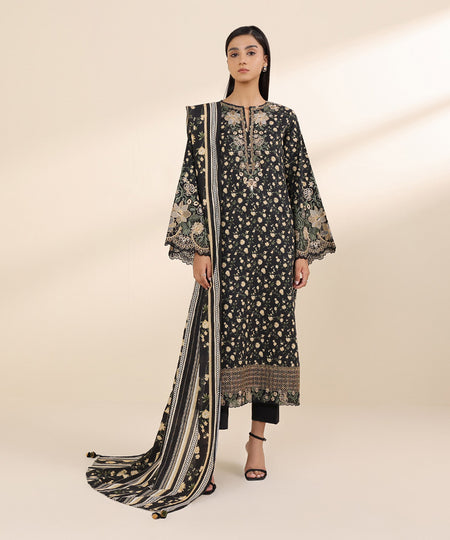 Women's Unstitched Cotton Karandi Black Embroidered 3 Piece Suit