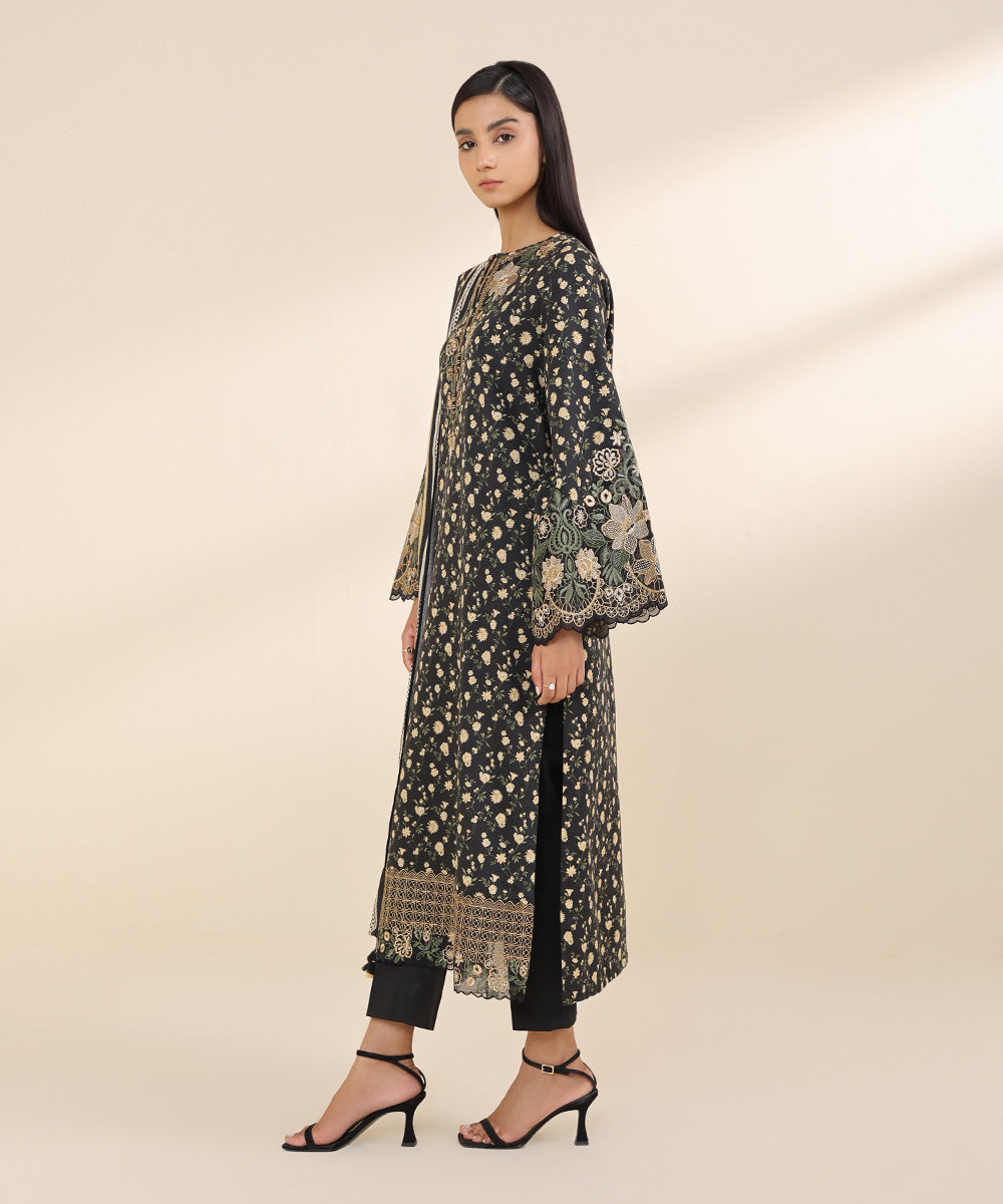 Women's Unstitched Cotton Karandi Black Embroidered 3 Piece Suit