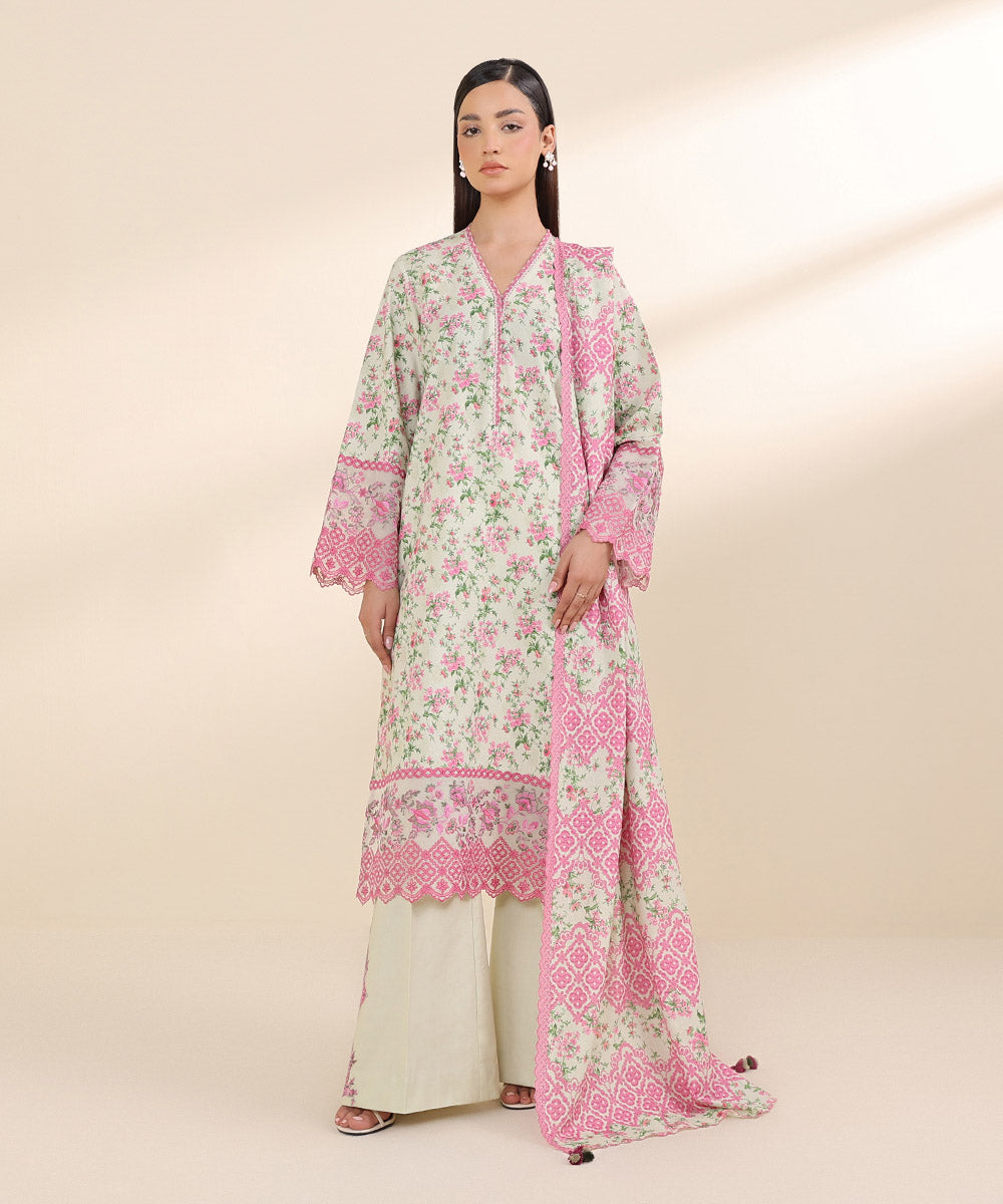 Women's Unstitched Cotton Karandi Multi Embroidered 3 Piece Suit