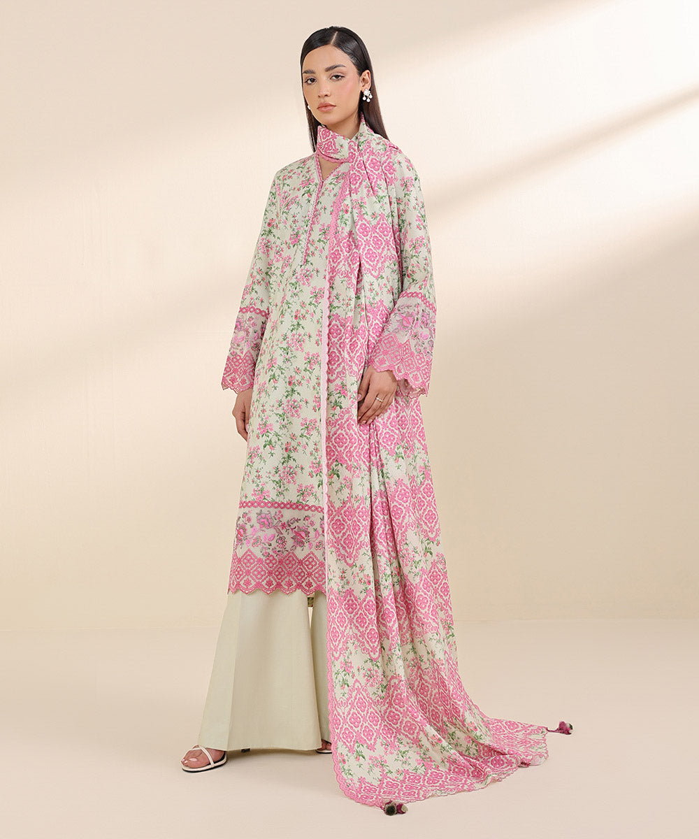 Women's Unstitched Cotton Karandi Multi Embroidered 3 Piece Suit