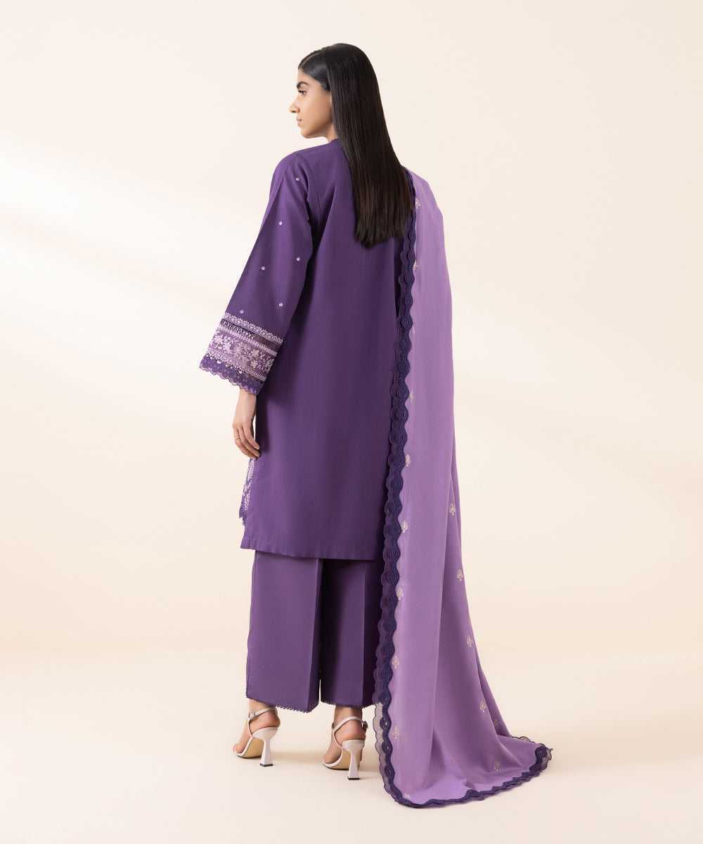 Women's Unstitched Cotton Karandi Purple Embroidered 3 Piece Suit