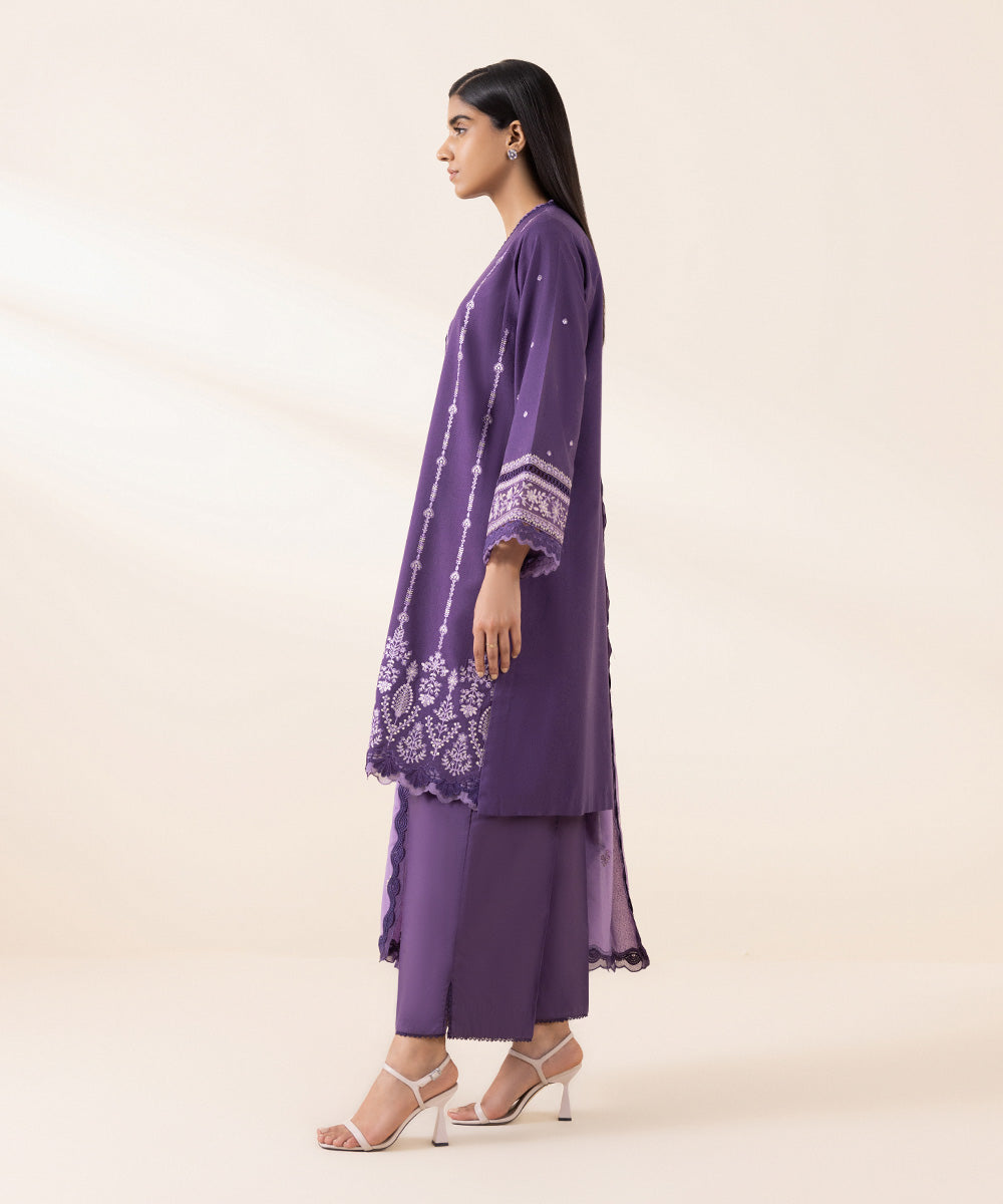 Women's Unstitched Cotton Karandi Purple Embroidered 3 Piece Suit