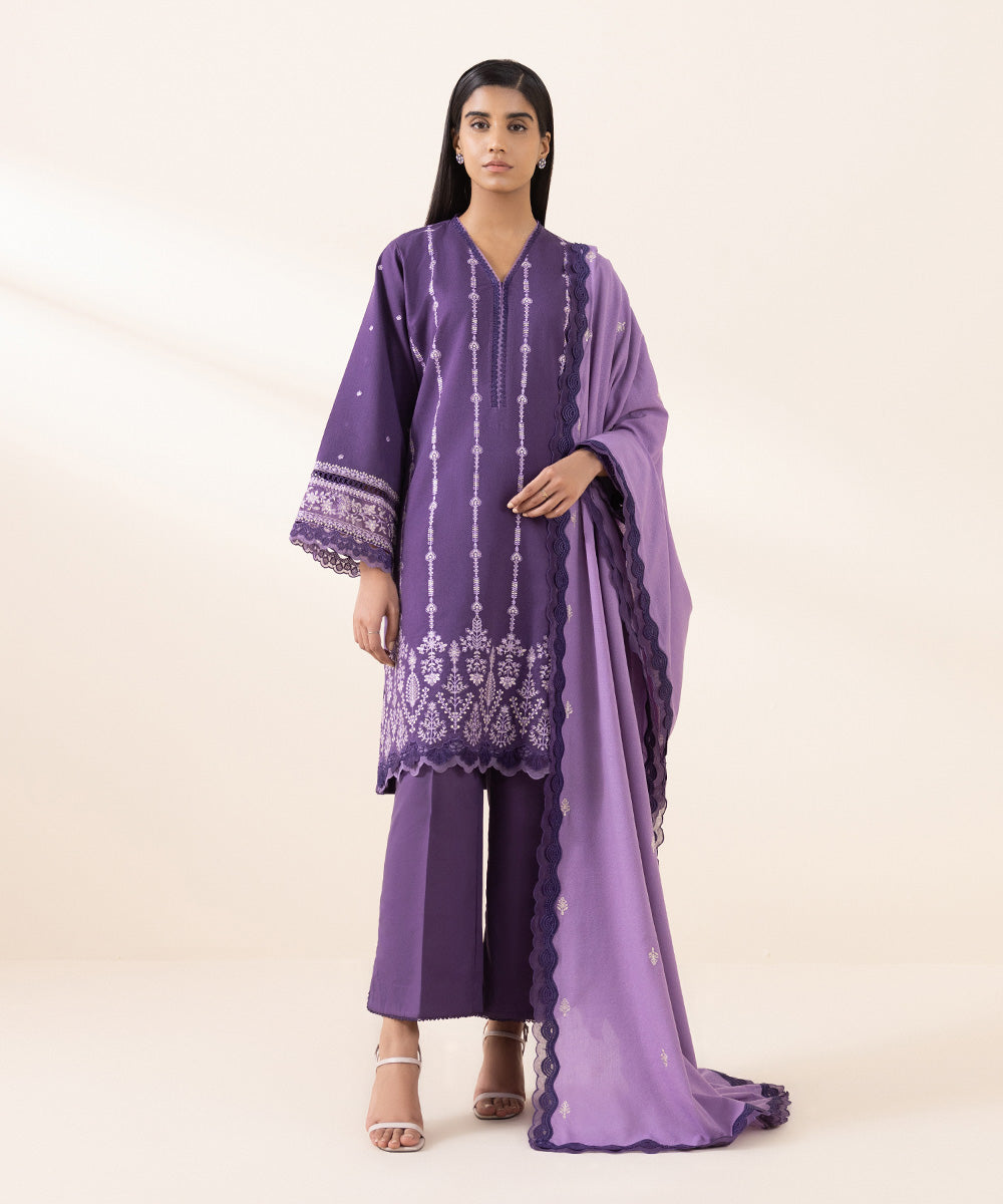 Women's Unstitched Cotton Karandi Purple Embroidered 3 Piece Suit