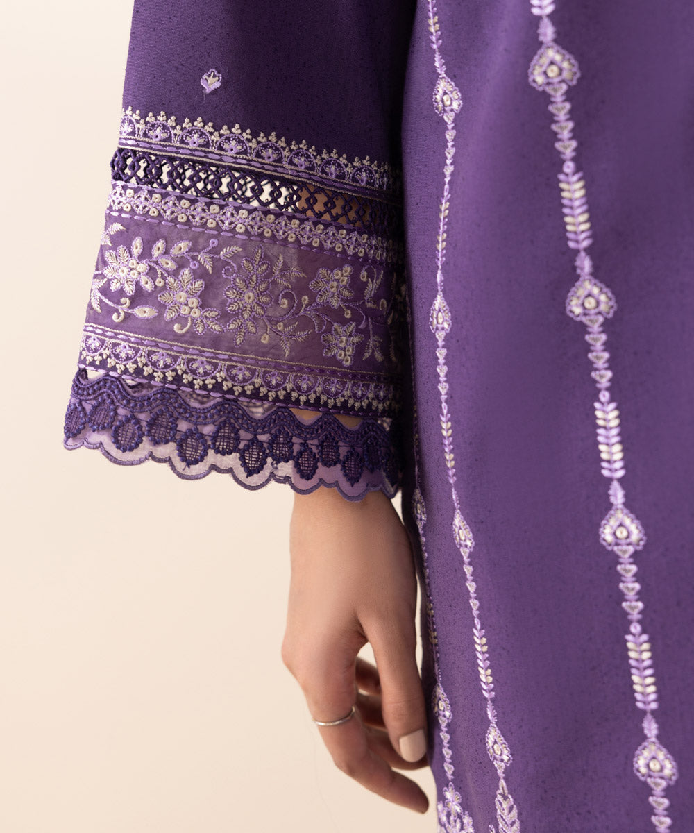 Women's Unstitched Cotton Karandi Purple Embroidered 3 Piece Suit