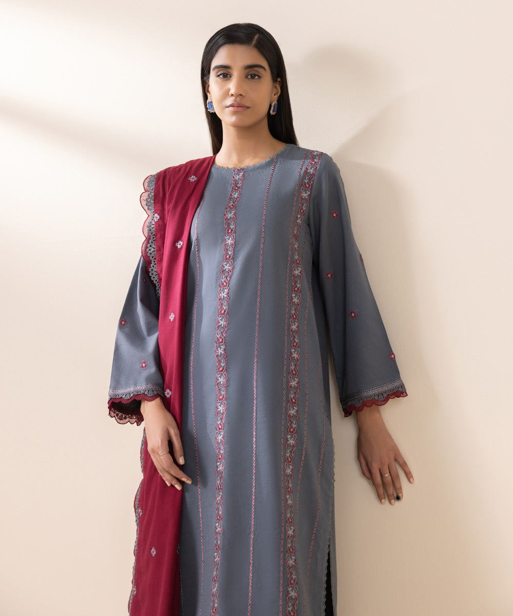 Women's Unstitched Cotton Karandi Grey Embroidered 3 Piece Suit