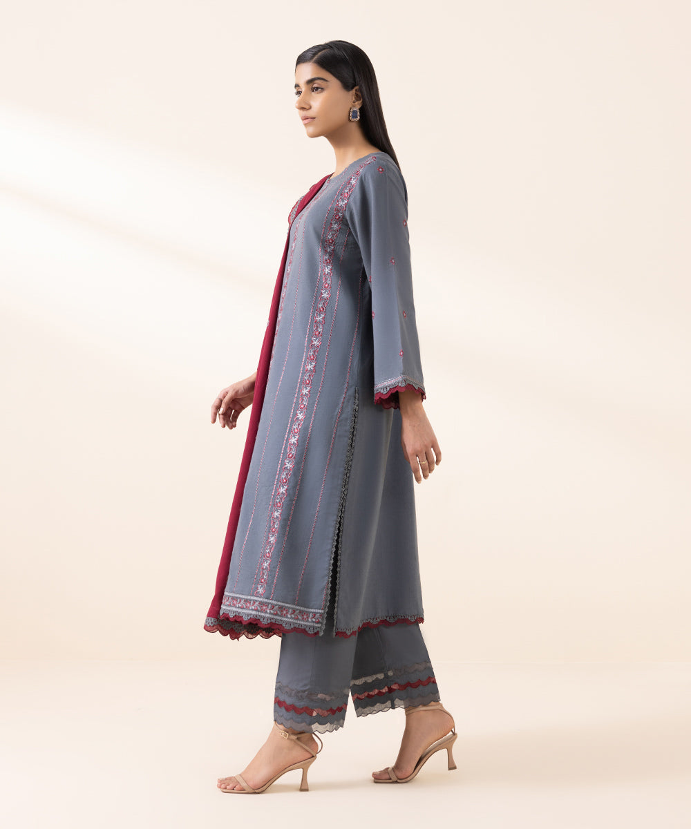 Women's Unstitched Cotton Karandi Grey Embroidered 3 Piece Suit