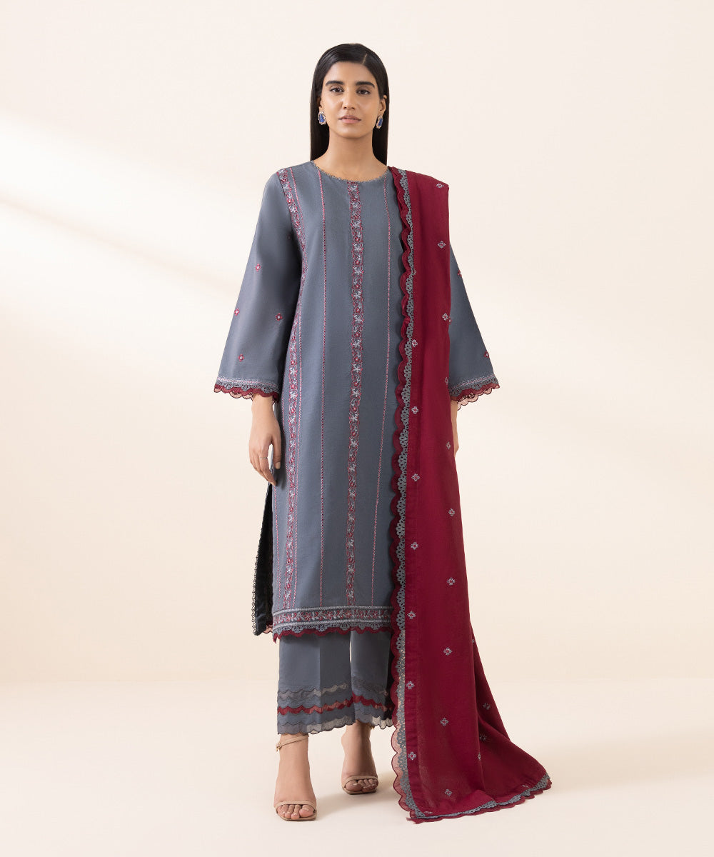 Women's Unstitched Cotton Karandi Grey Embroidered 3 Piece Suit