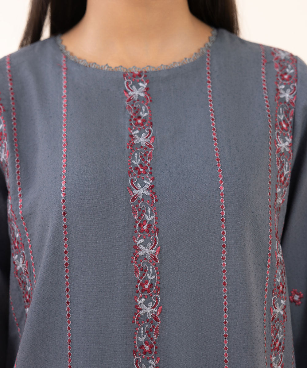 Women's Unstitched Cotton Karandi Grey Embroidered 3 Piece Suit