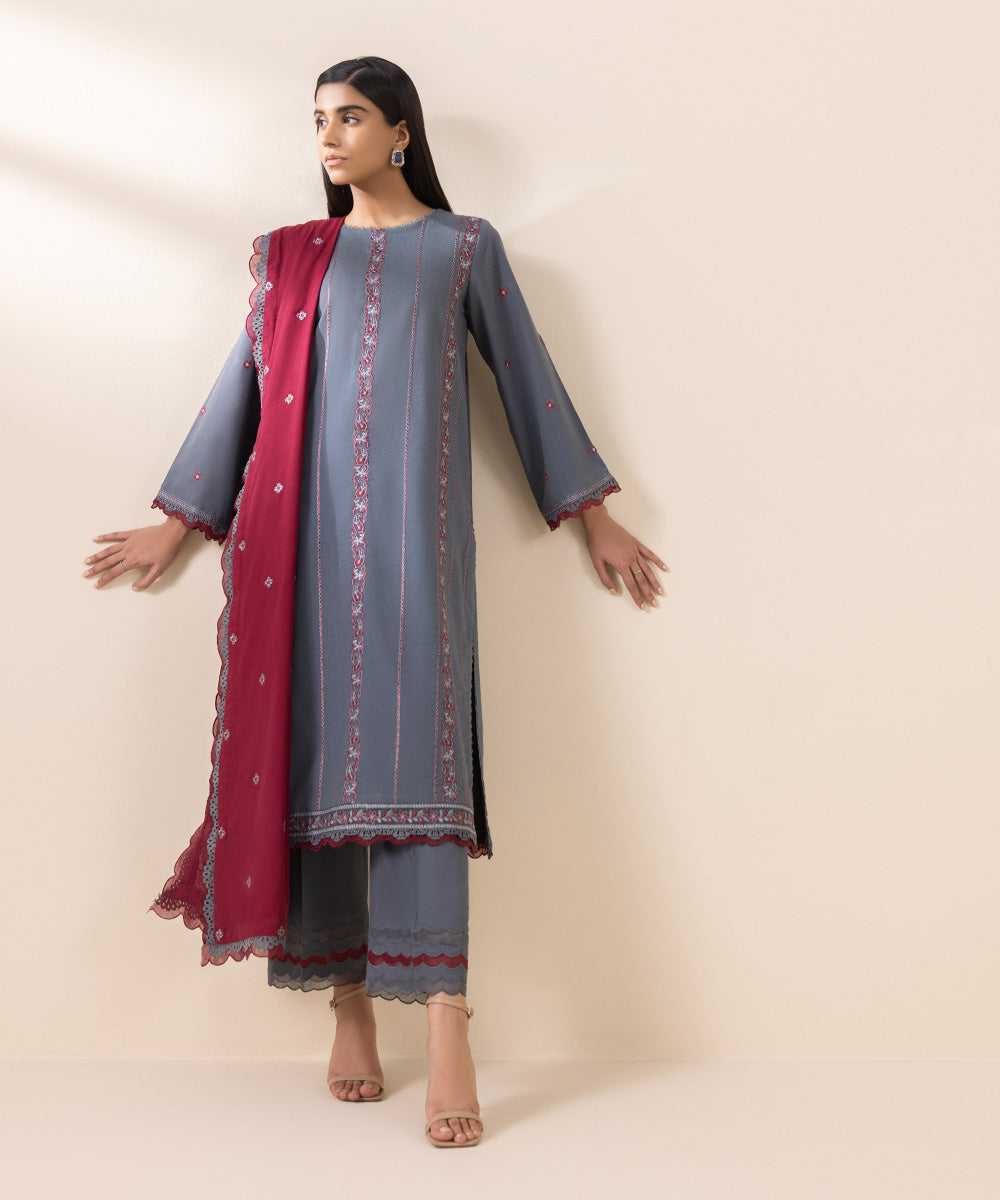 Women's Unstitched Cotton Karandi Grey Embroidered 3 Piece Suit