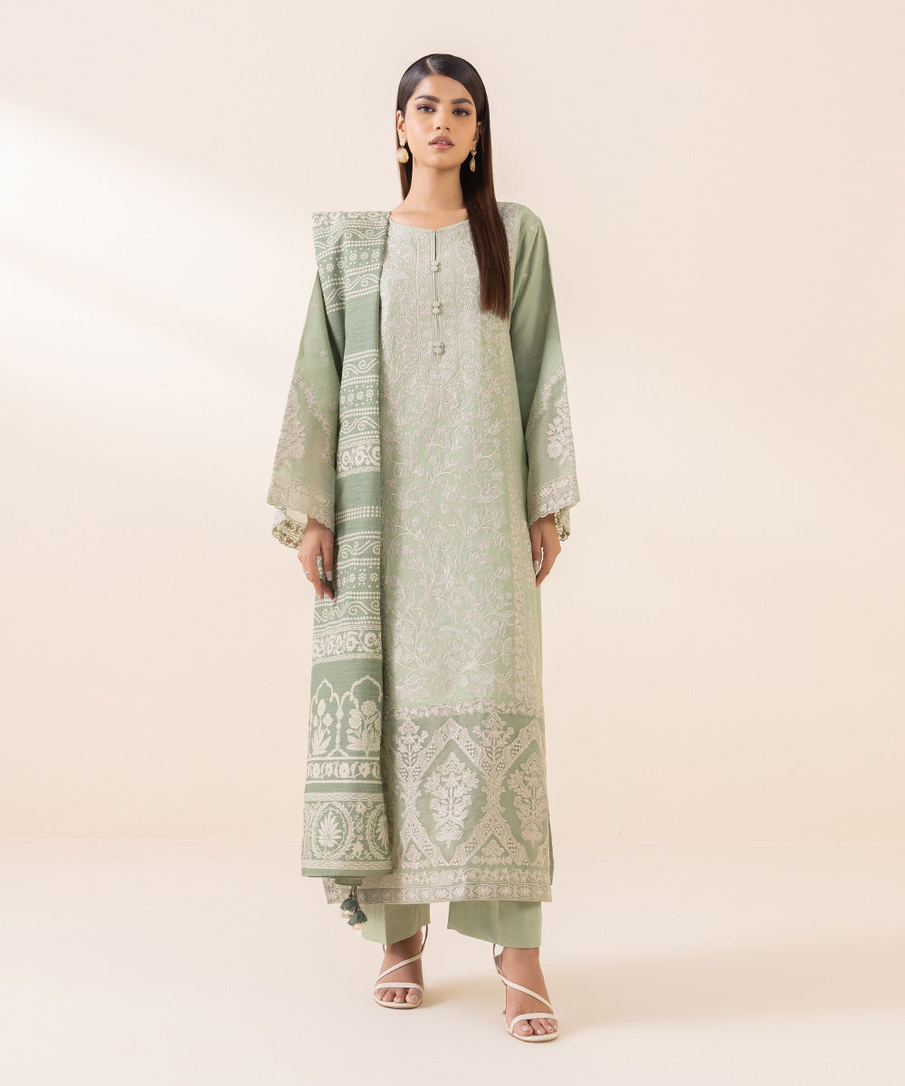 Women's Unstitched Cotton Karandi Green Embroidered 3 Piece Suit